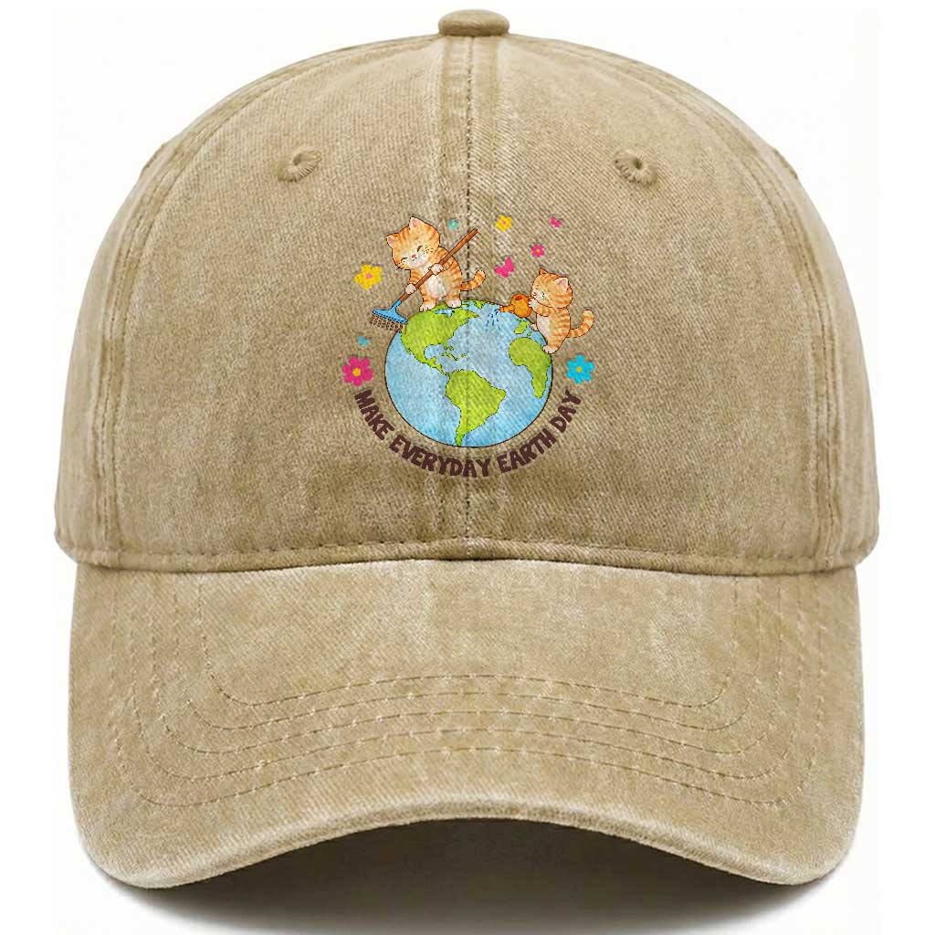 Make Everyday Earth Day Washed Cotton Baseball Cap Funny Cat Lover Gift TS12 Washed Cap Universal Fit Khaki Print Your Wear