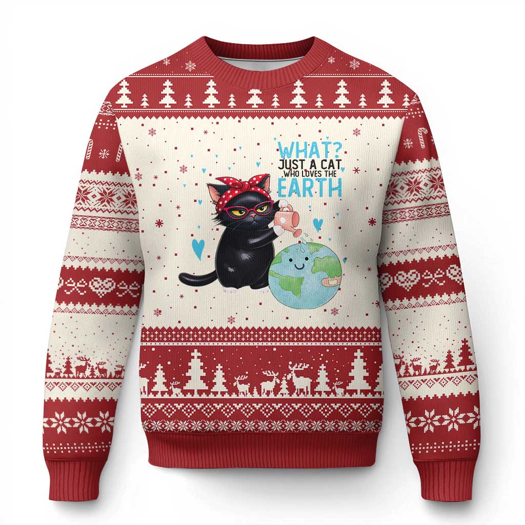 Just A Cat Who Loves The Earth Ugly Christmas Sweater Earth Day Cat Lover Gift TS12 Beige Red Print Your Wear