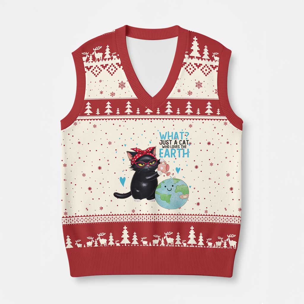 Just A Cat Who Loves The Earth V-Neck Knit Sweater Vest Earth Day Cat Lover Gift TS12 Beige Red Print Your Wear