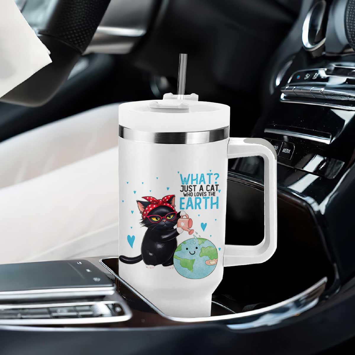 Just A Cat Who Loves The Earth Tumbler With Handle Earth Day Cat Lover Gift TS12 Print Your Wear