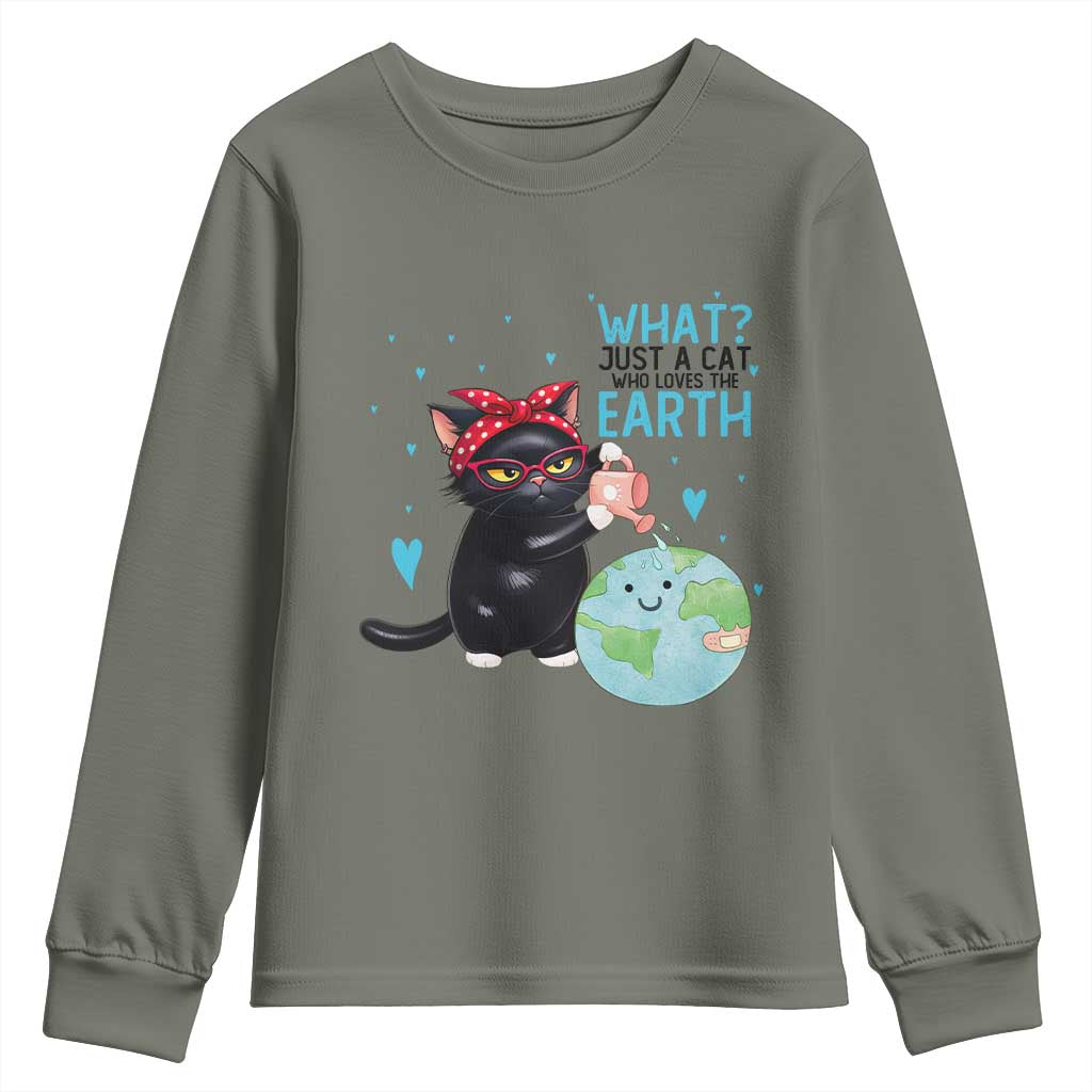 Just A Cat Who Loves The Earth Youth Sweatshirt Earth Day Cat Lover Gift TS12 Military Green Print Your Wear