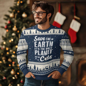 Earth Day Cat Lover Ugly Christmas Sweater Save Earth Its The Only Planet With Cats TS12 Navy Beige Print Your Wear
