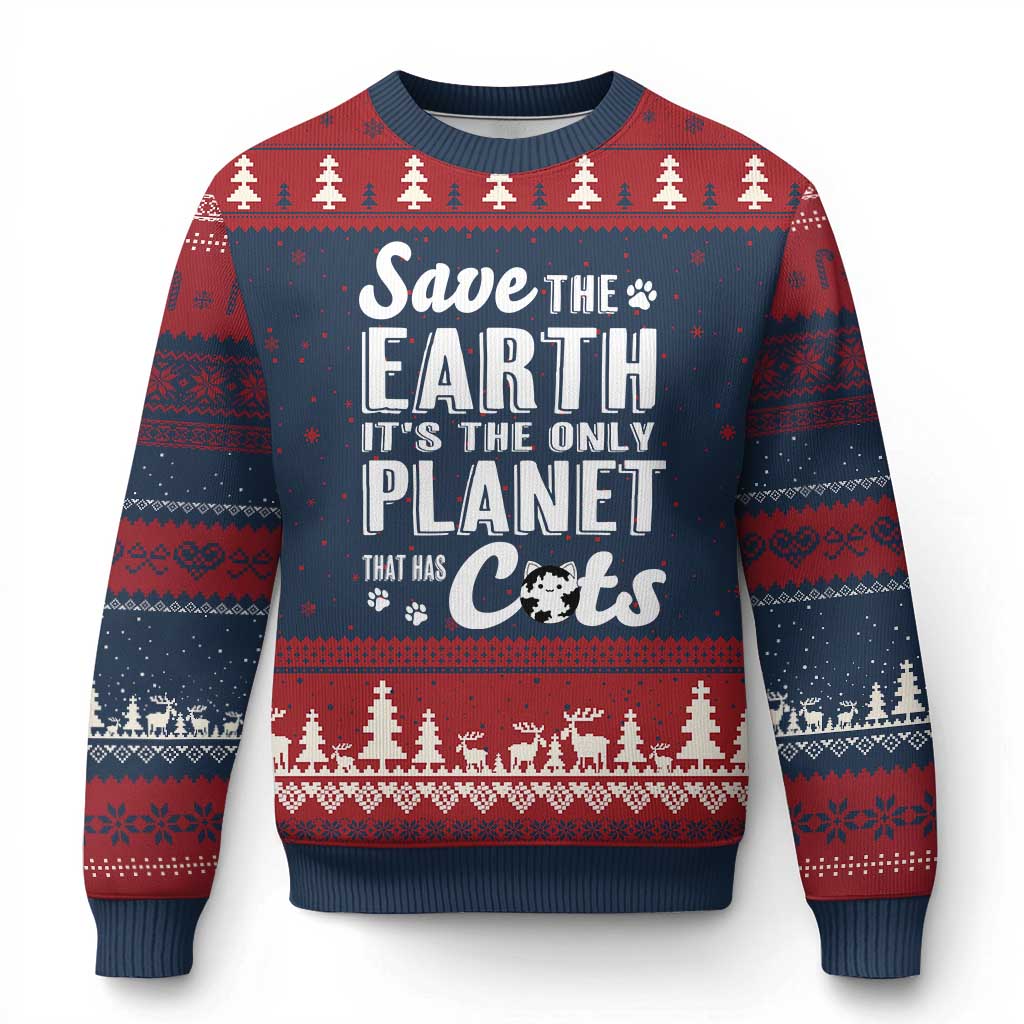 Earth Day Cat Lover Ugly Christmas Sweater Save Earth Its The Only Planet With Cats TS12 Navy Red Print Your Wear