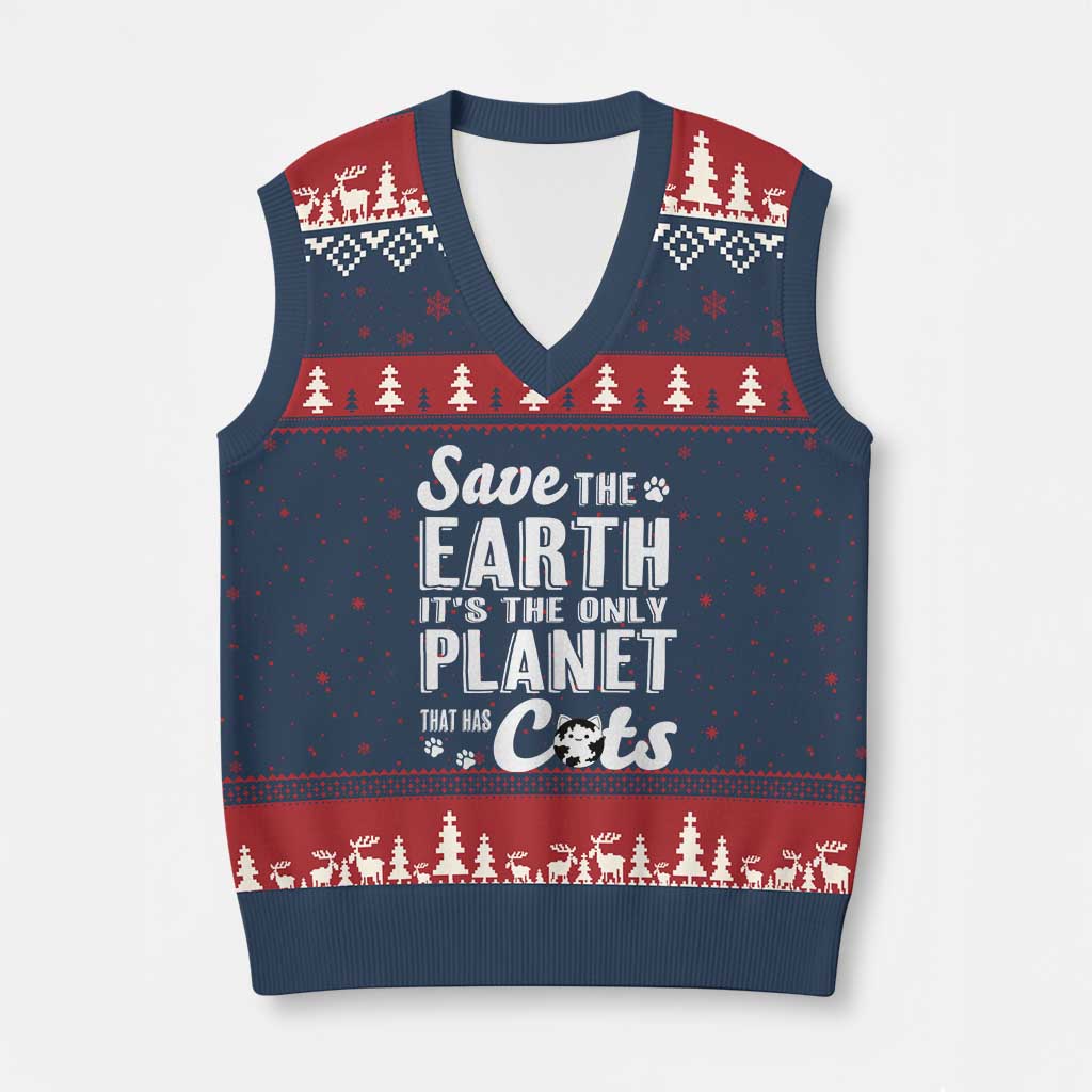 Earth Day Cat Lover V-Neck Knit Sweater Vest Save Earth Its The Only Planet With Cats TS12 Navy Red Print Your Wear