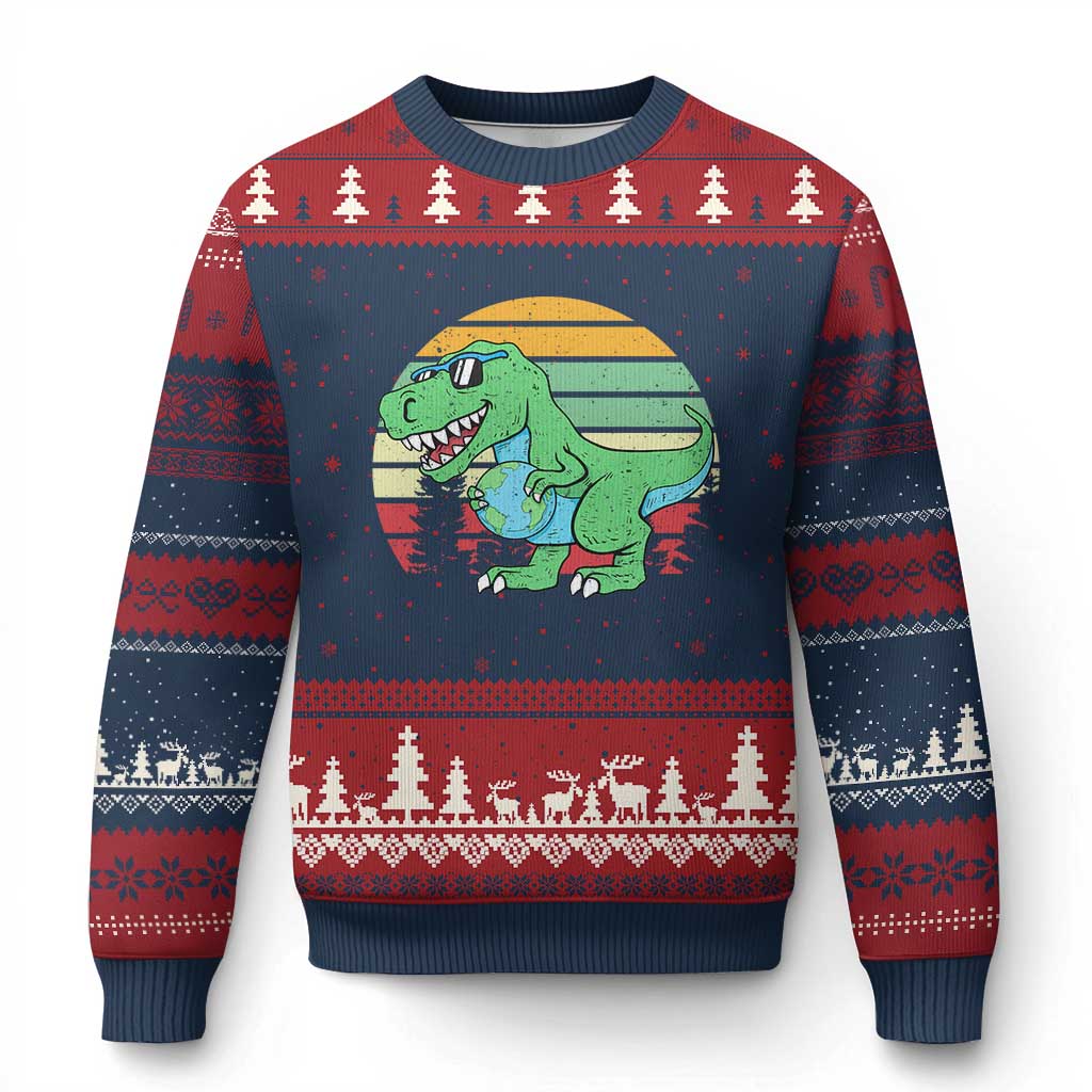 Funny Earth Day Dinosaur Lover Ugly Christmas Sweater Save The Planet TS12 Navy Red Print Your Wear