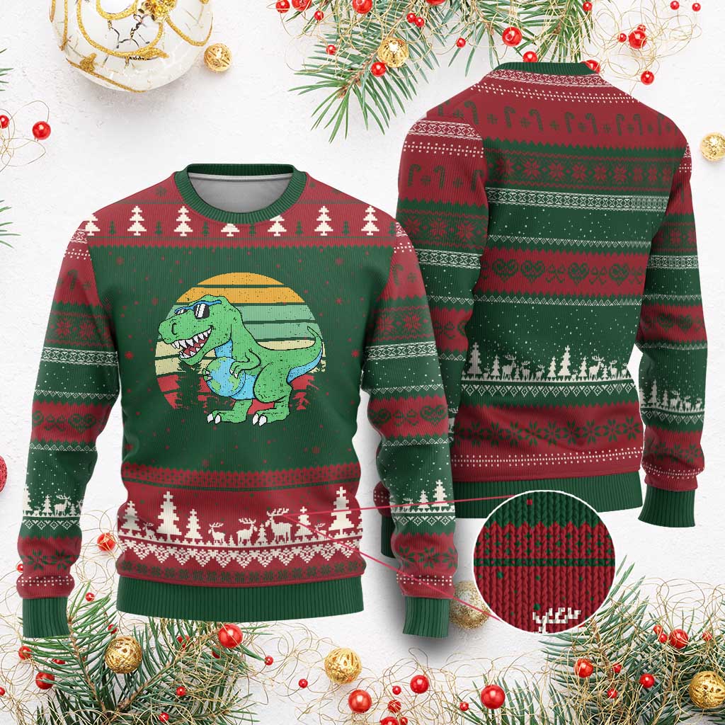 Funny Earth Day Dinosaur Lover Ugly Christmas Sweater Save The Planet TS12 Red Green Print Your Wear