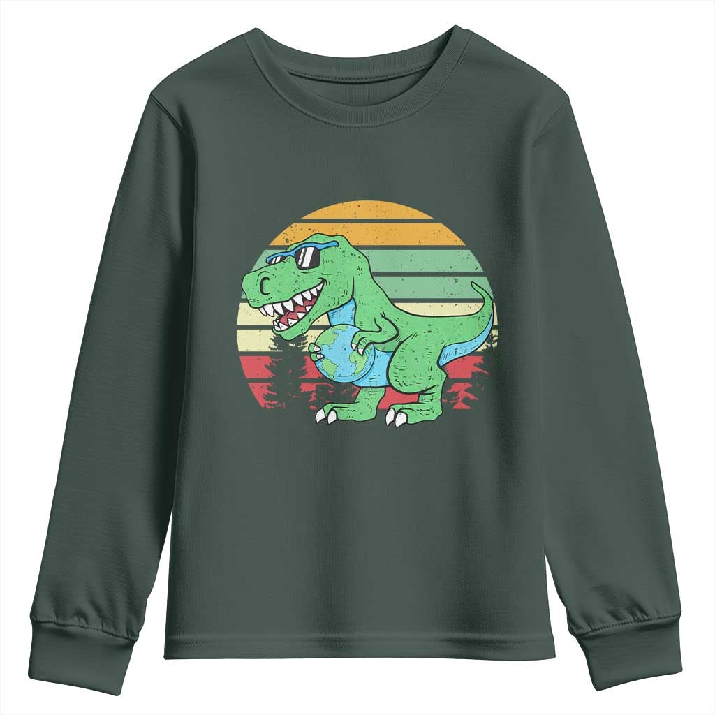 Funny Earth Day Dinosaur Lover Youth Sweatshirt Save The Planet TS12 Dark Forest Green Print Your Wear