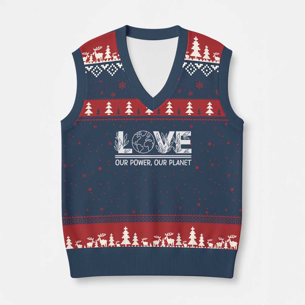 Our Power Our Planet V-Neck Knit Sweater Vest Earth Day Eco Friendly TS12 Navy Red Print Your Wear