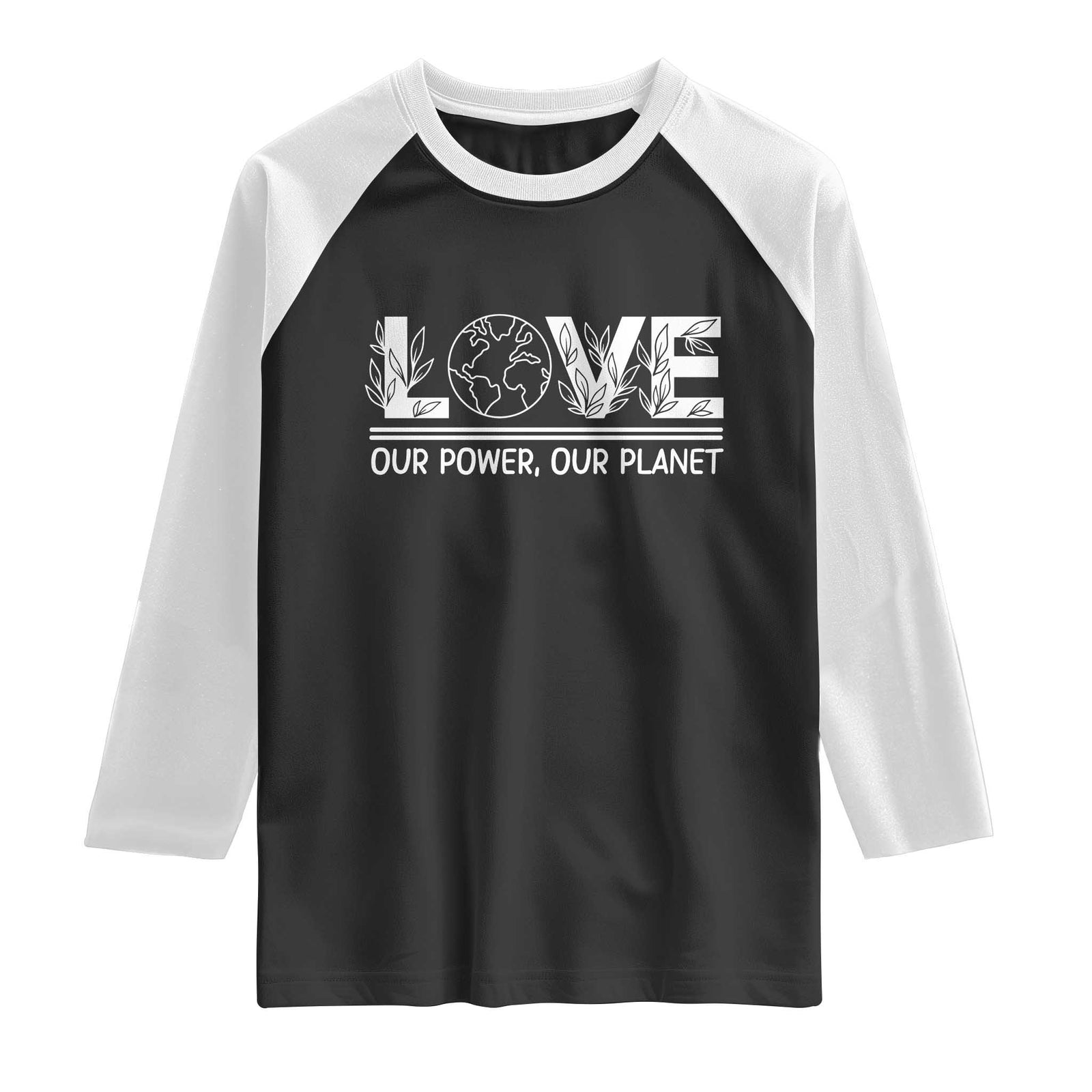 Our Power Our Planet Raglan Shirt Earth Day Eco Friendly TS12 Black White Print Your Wear