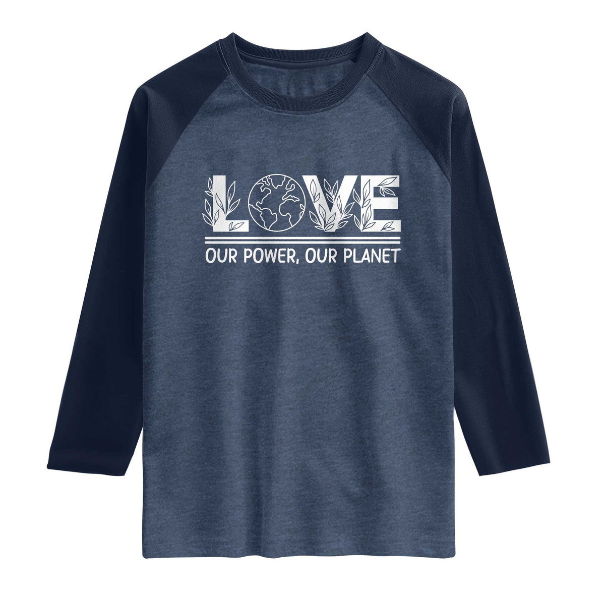 Our Power Our Planet Raglan Shirt Earth Day Eco Friendly TS12 Heather Denim Navy Print Your Wear