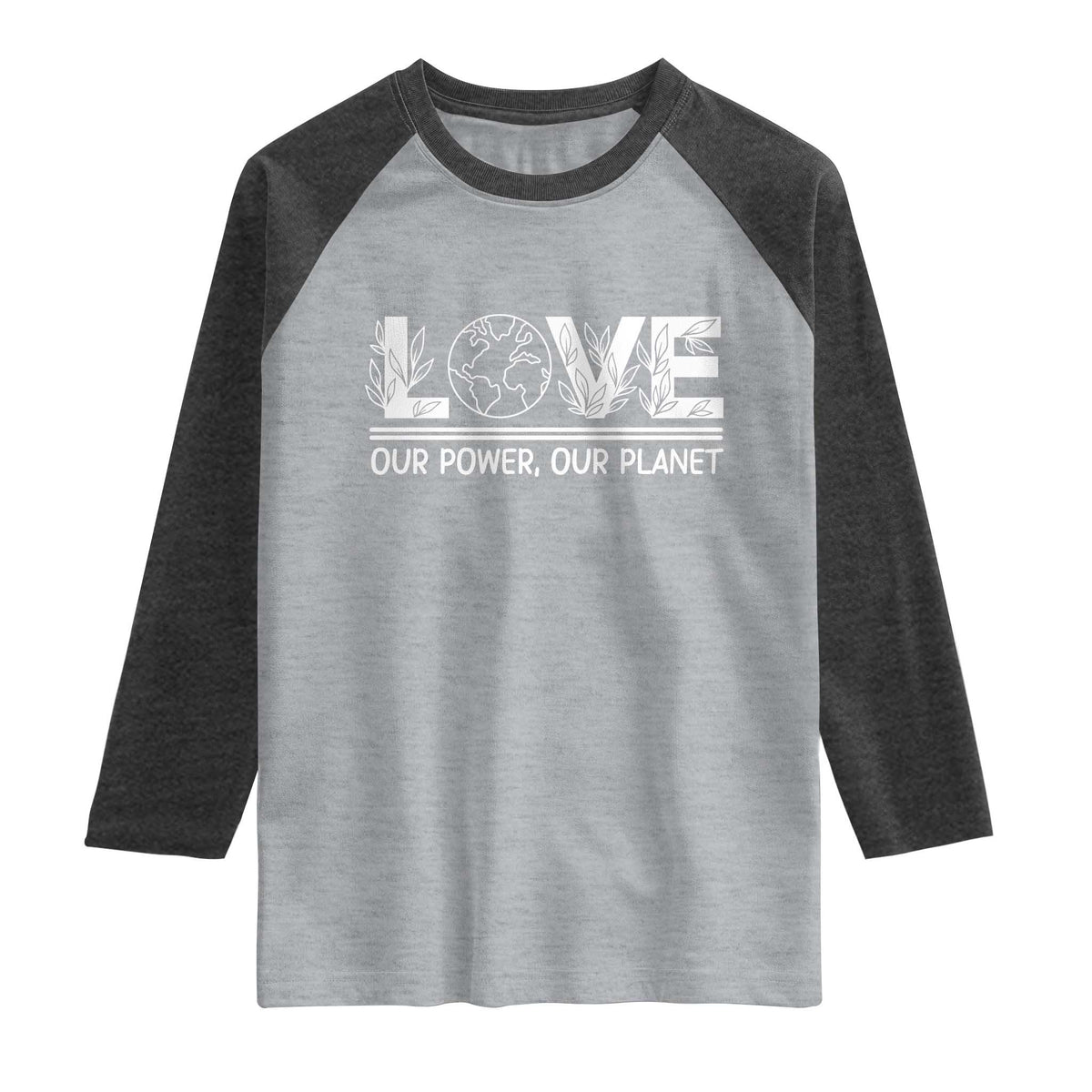 Our Power Our Planet Raglan Shirt Earth Day Eco Friendly TS12 Heather Gray Heather Charcoal Print Your Wear