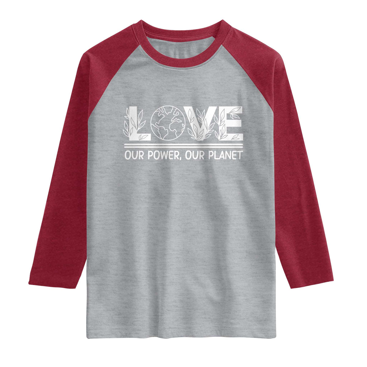 Our Power Our Planet Raglan Shirt Earth Day Eco Friendly TS12 Heather Gray Heather Red Print Your Wear
