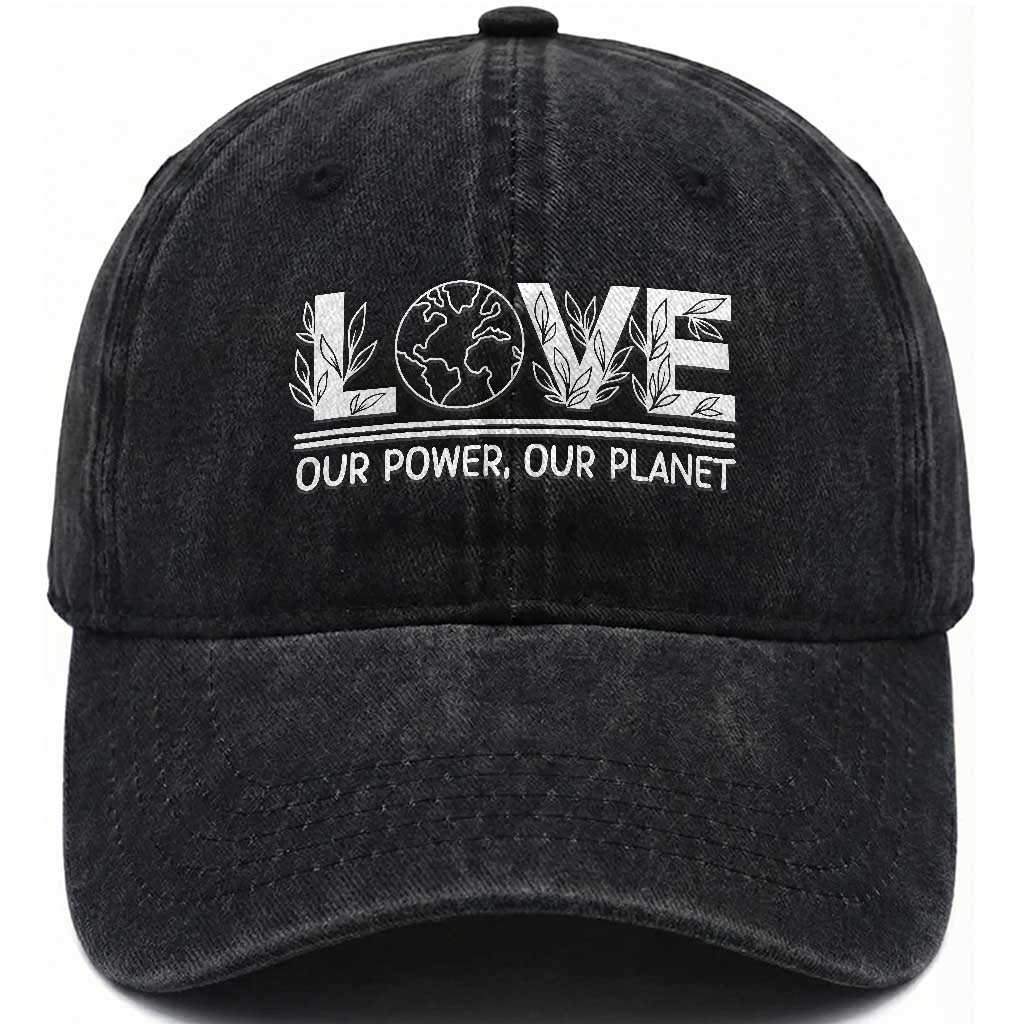 Our Power Our Planet Washed Cotton Baseball Cap Earth Day Eco Friendly TS12 Washed Cap Universal Fit Black Print Your Wear