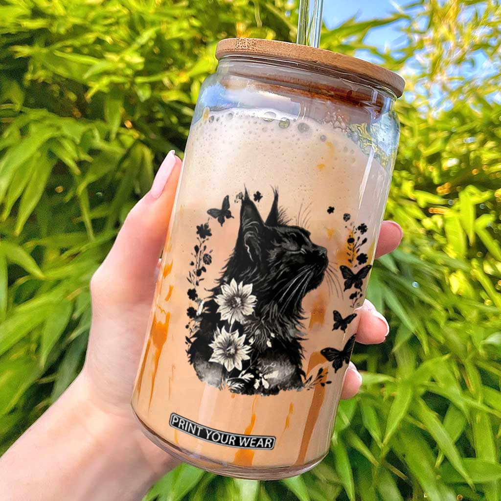 Black Maine Coon Cat Glass Can Floral Sunflower Watercolor Gift TS12 White Print Your Wear