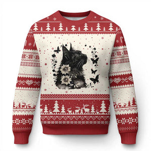 Black Maine Coon Cat Ugly Christmas Sweater Floral Sunflower Watercolor Gift