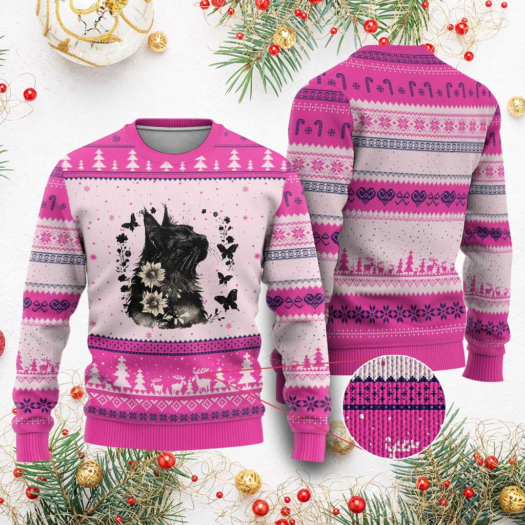 Black Maine Coon Cat Ugly Christmas Sweater Floral Sunflower Watercolor Gift