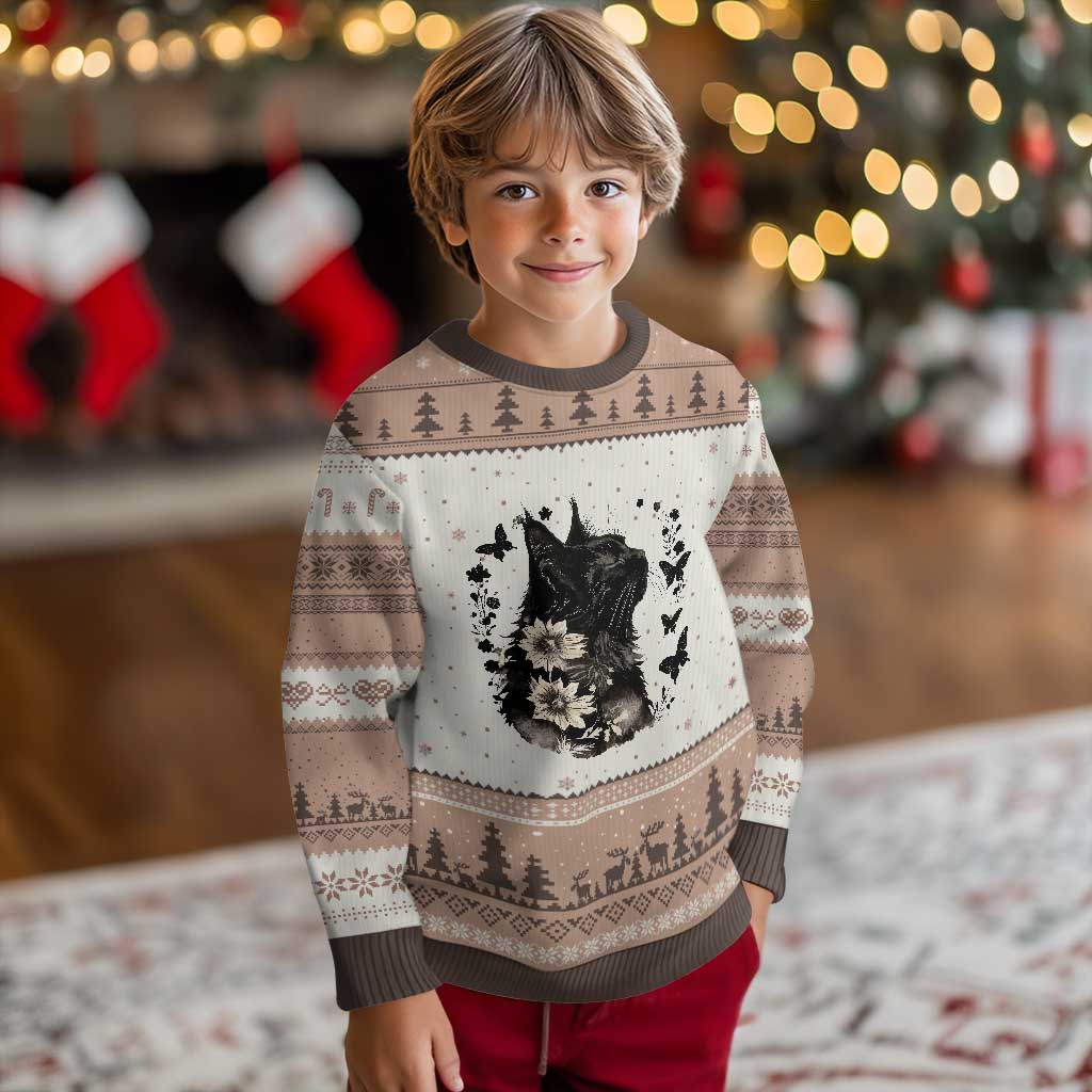 Black Maine Coon Cat Ugly Christmas Sweater Floral Sunflower Watercolor Gift