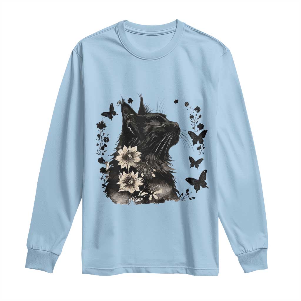 Black Maine Coon Cat Long Sleeve Shirt Floral Sunflower Watercolor Gift TS12 Light Blue Print Your Wear