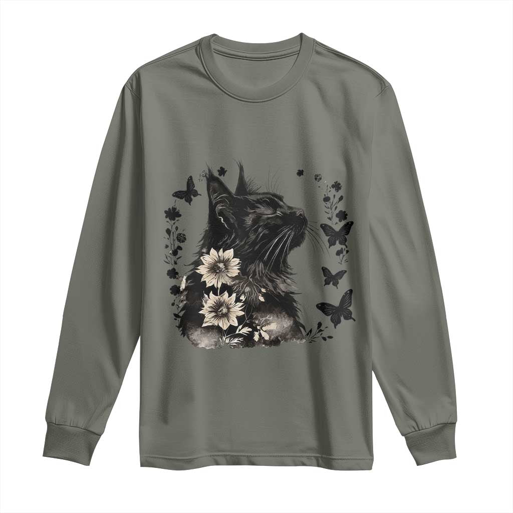 Black Maine Coon Cat Long Sleeve Shirt Floral Sunflower Watercolor Gift TS12 Military Green Print Your Wear