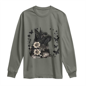 Black Maine Coon Cat Long Sleeve Shirt Floral Sunflower Watercolor Gift TS12 Military Green Print Your Wear