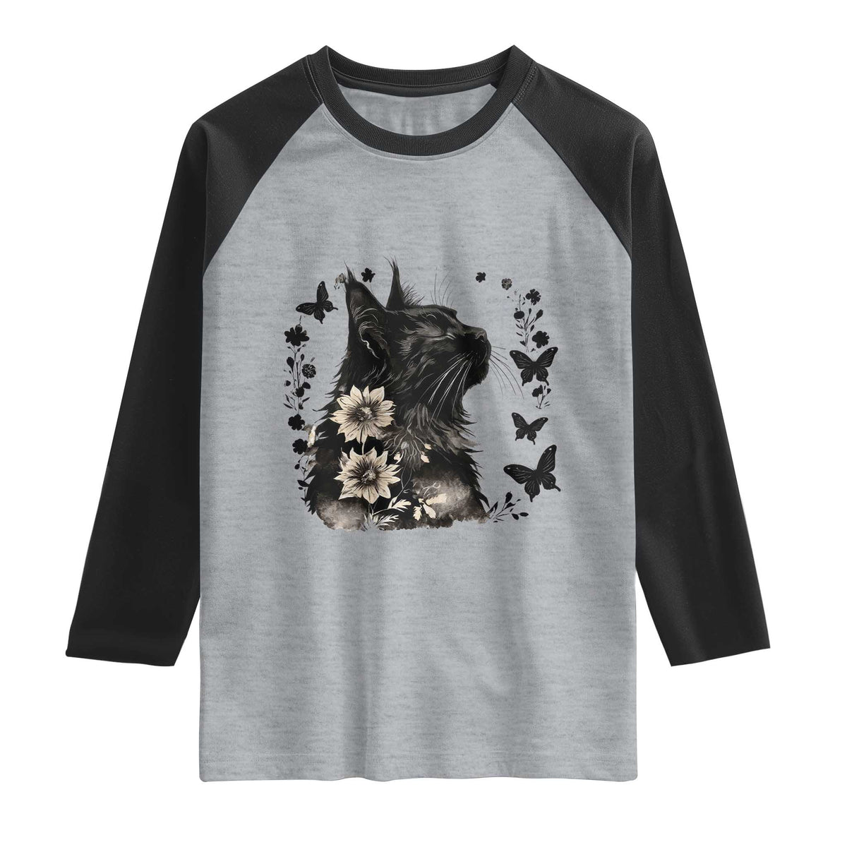 Black Maine Coon Cat Raglan Shirt Floral Sunflower Watercolor Gift TS12 Heather Gray Black Print Your Wear