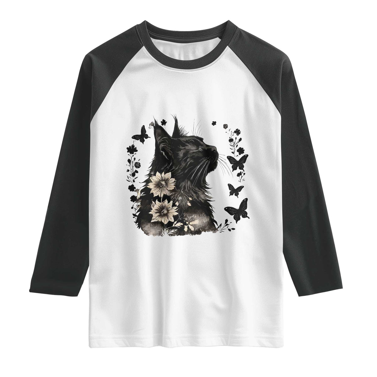 Black Maine Coon Cat Raglan Shirt Floral Sunflower Watercolor Gift TS12 White Black Print Your Wear