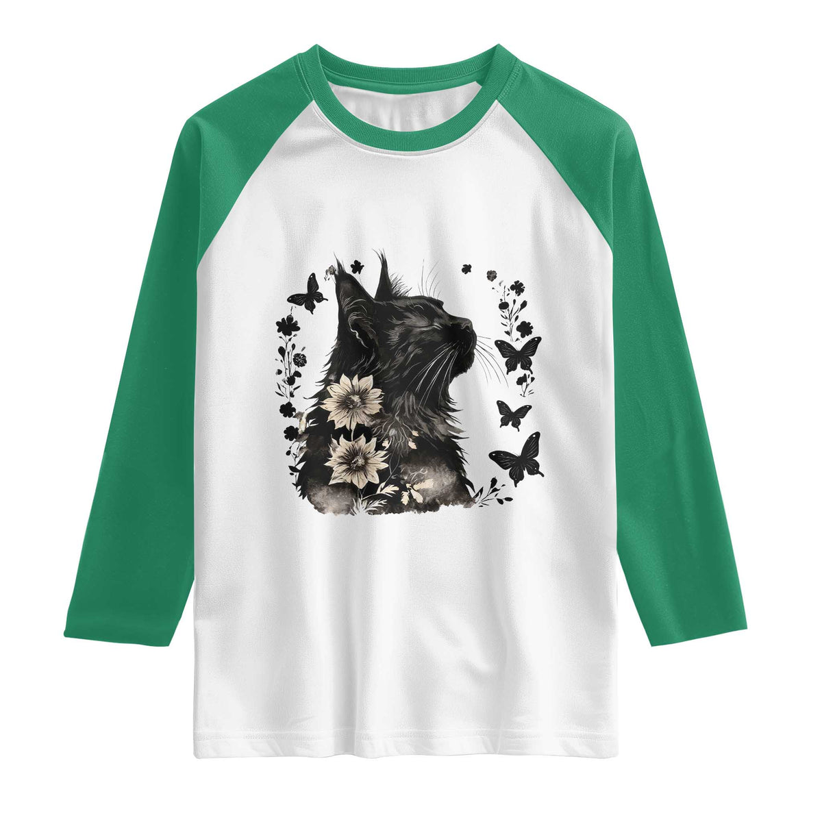Black Maine Coon Cat Raglan Shirt Floral Sunflower Watercolor Gift TS12 White Kelly Green Print Your Wear