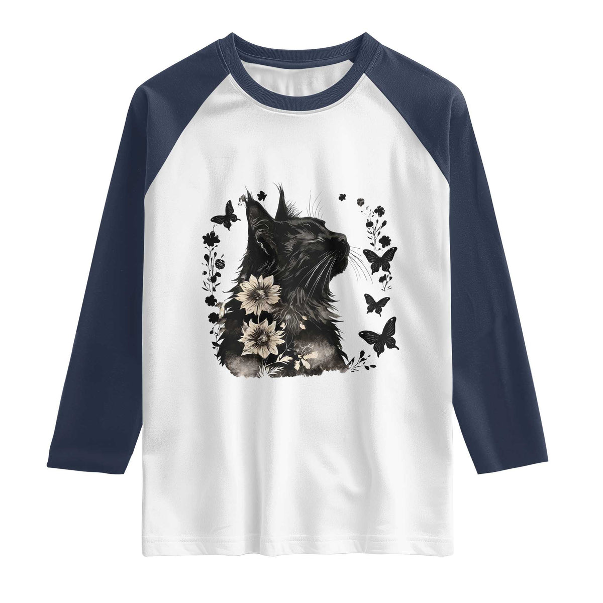 Black Maine Coon Cat Raglan Shirt Floral Sunflower Watercolor Gift TS12 White Navy Print Your Wear