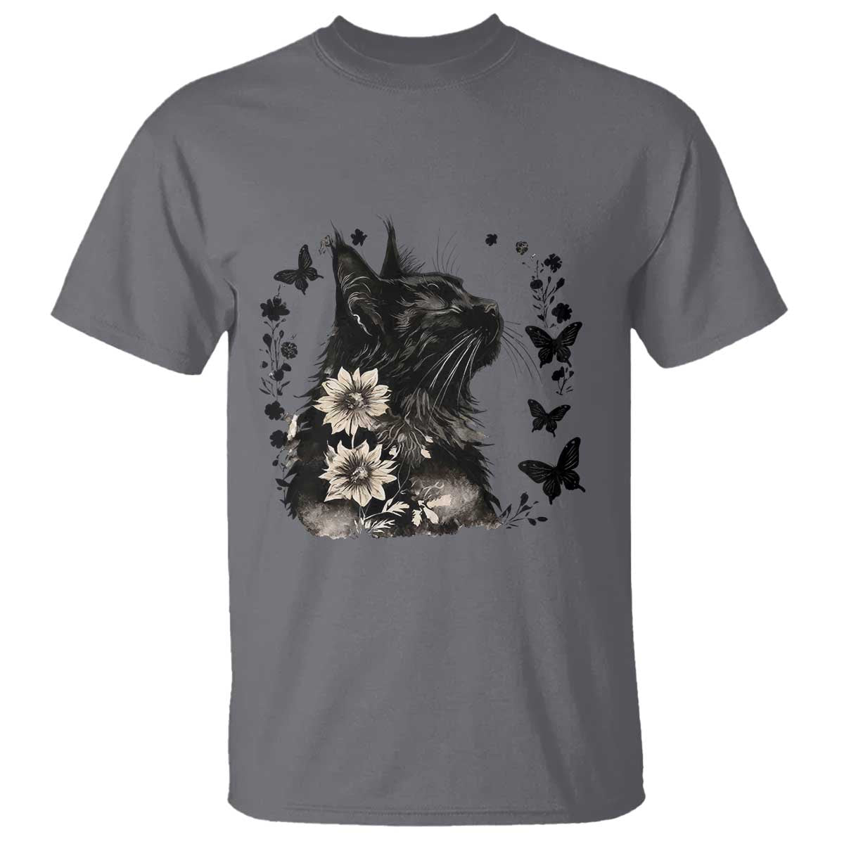 Black Maine Coon Cat T Shirt Floral Sunflower Watercolor Gift