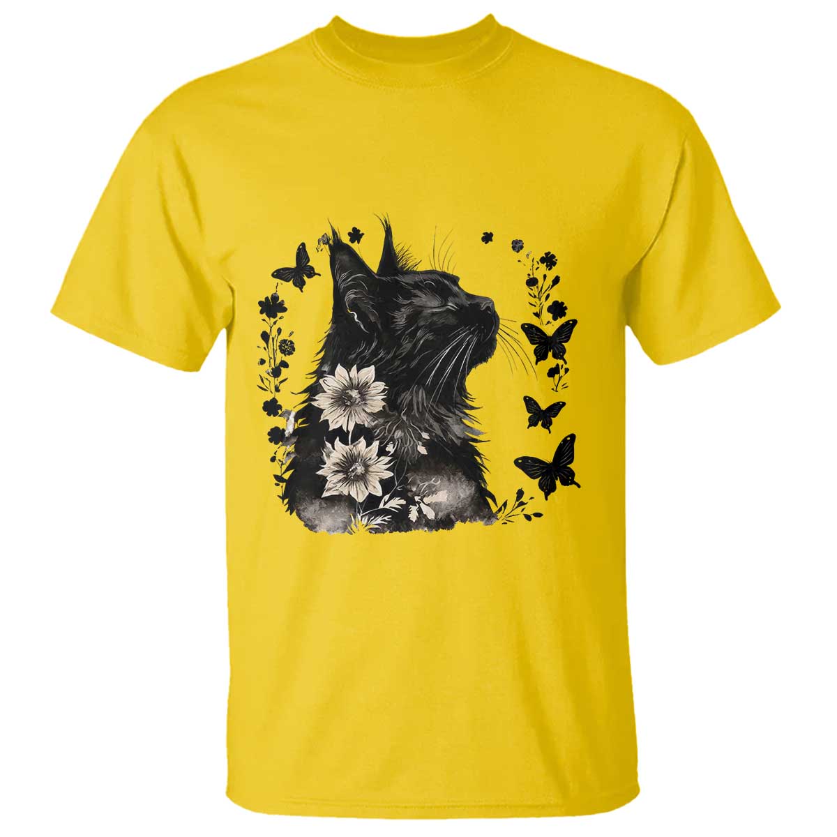 Black Maine Coon Cat T Shirt Floral Sunflower Watercolor Gift