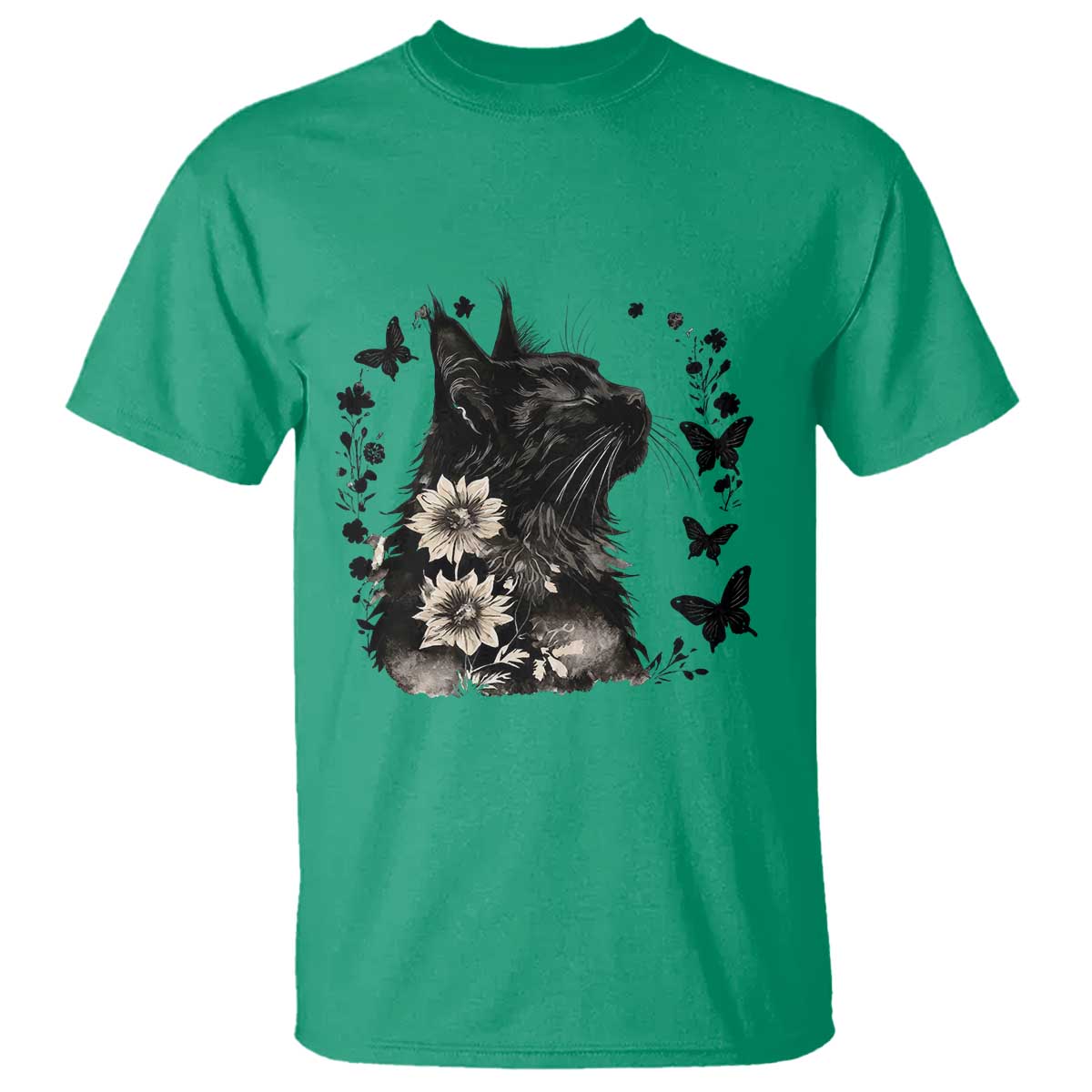 Black Maine Coon Cat T Shirt Floral Sunflower Watercolor Gift