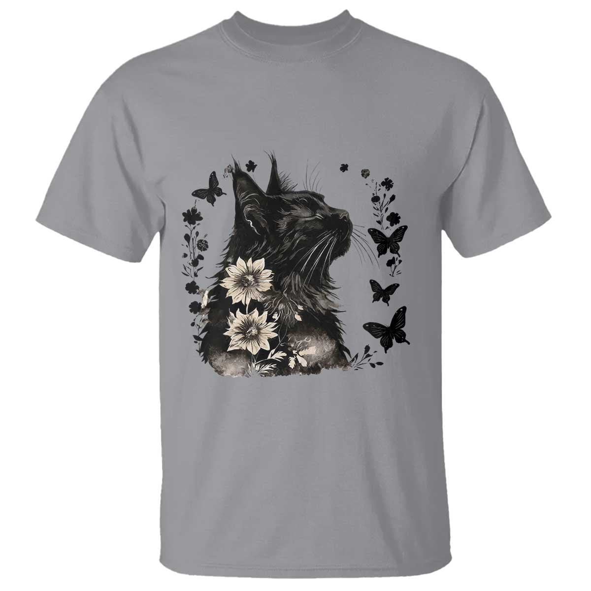 Black Maine Coon Cat T Shirt Floral Sunflower Watercolor Gift