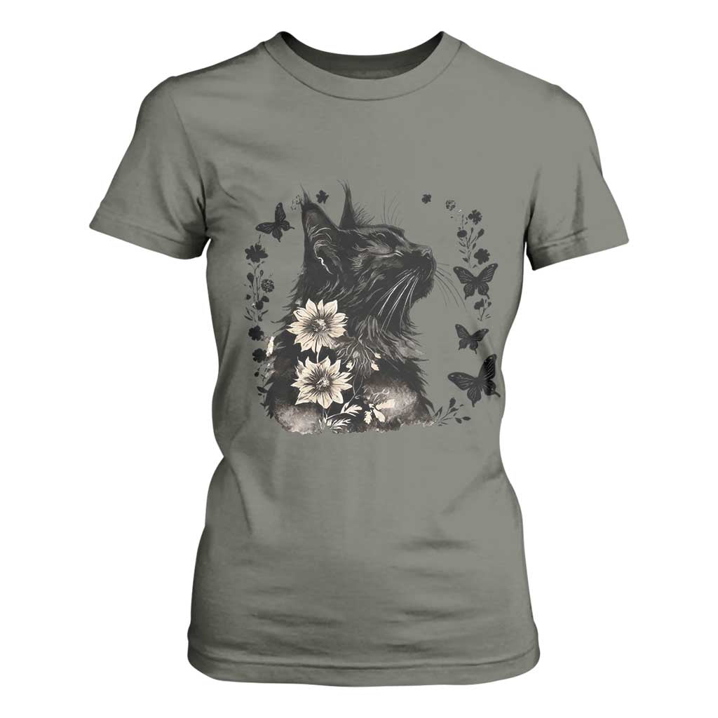 Black Maine Coon Cat T Shirt For Women Floral Sunflower Watercolor Gift TS12 Military Green Print Your Wear