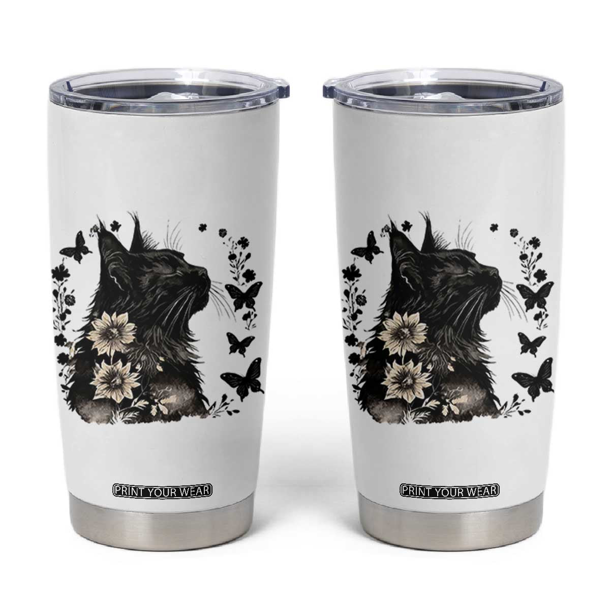 Black Maine Coon Cat Tumbler Cup Floral Sunflower Watercolor Gift TS12 White Print Your Wear