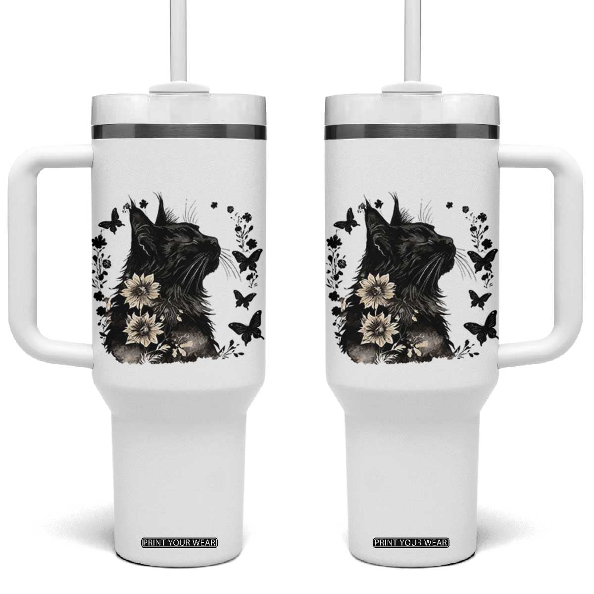 Black Maine Coon Cat Tumbler With Handle Floral Sunflower Watercolor Gift TS12 One Size: 40 oz White Print Your Wear