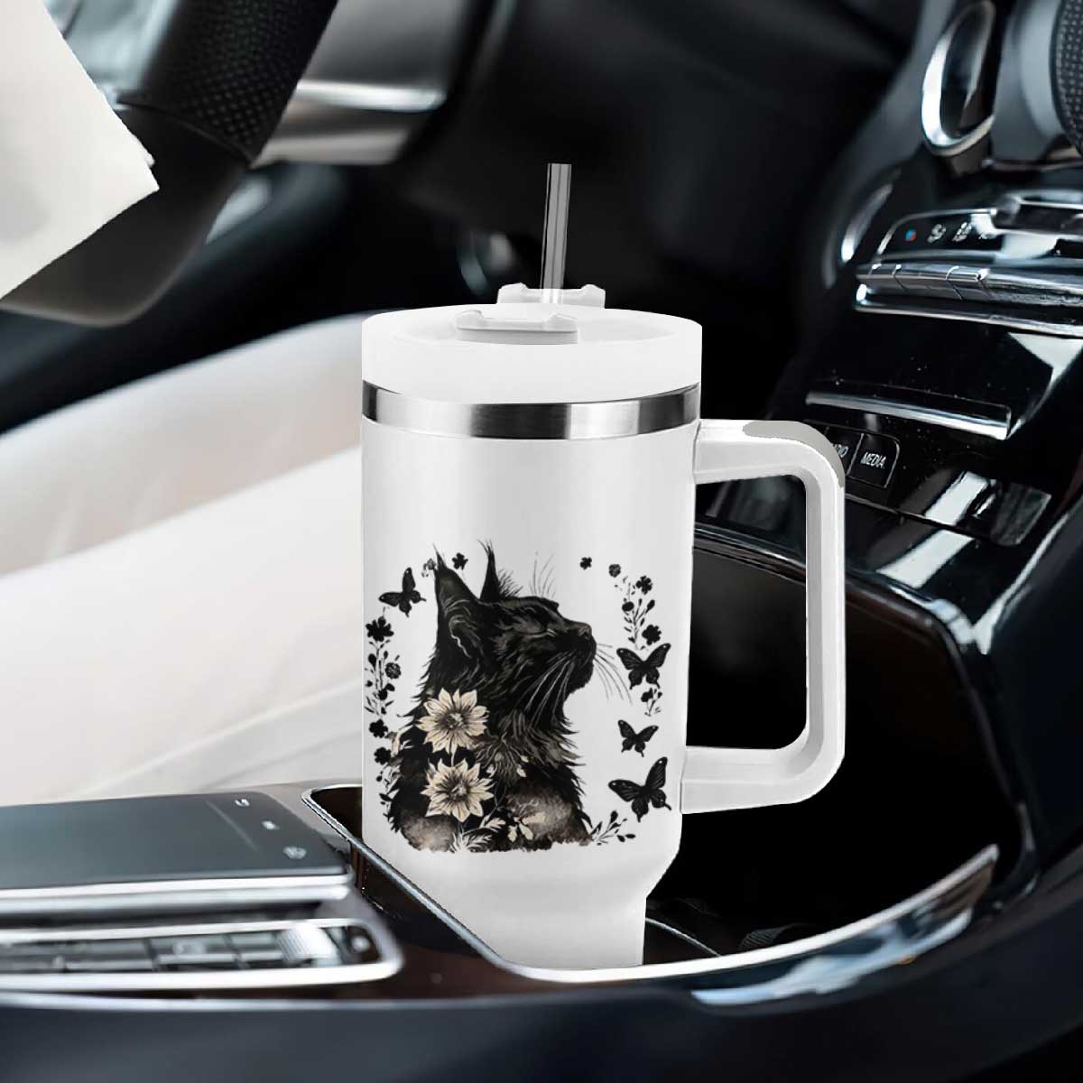 Black Maine Coon Cat Tumbler With Handle Floral Sunflower Watercolor Gift TS12 Print Your Wear