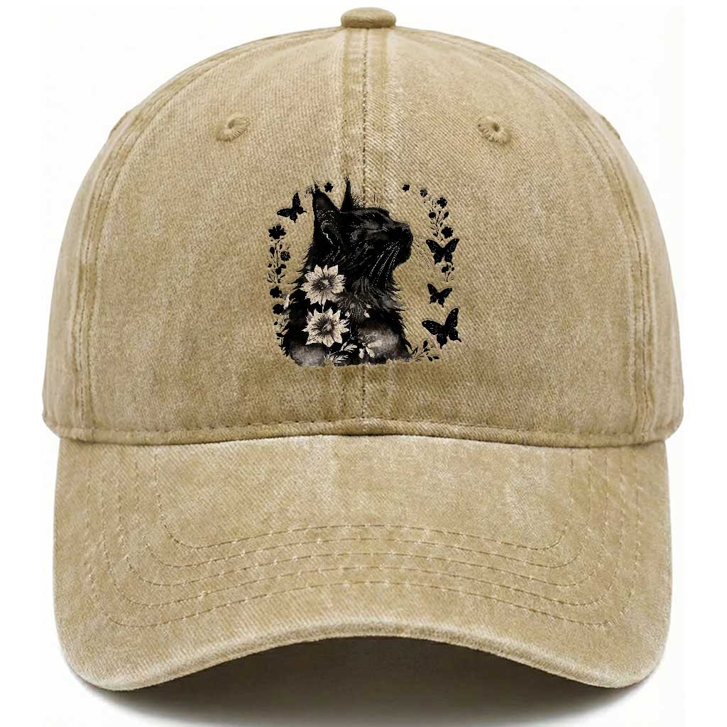 Black Maine Coon Cat Washed Cotton Baseball Cap Floral Sunflower Watercolor Gift TS12 Print Your Wear