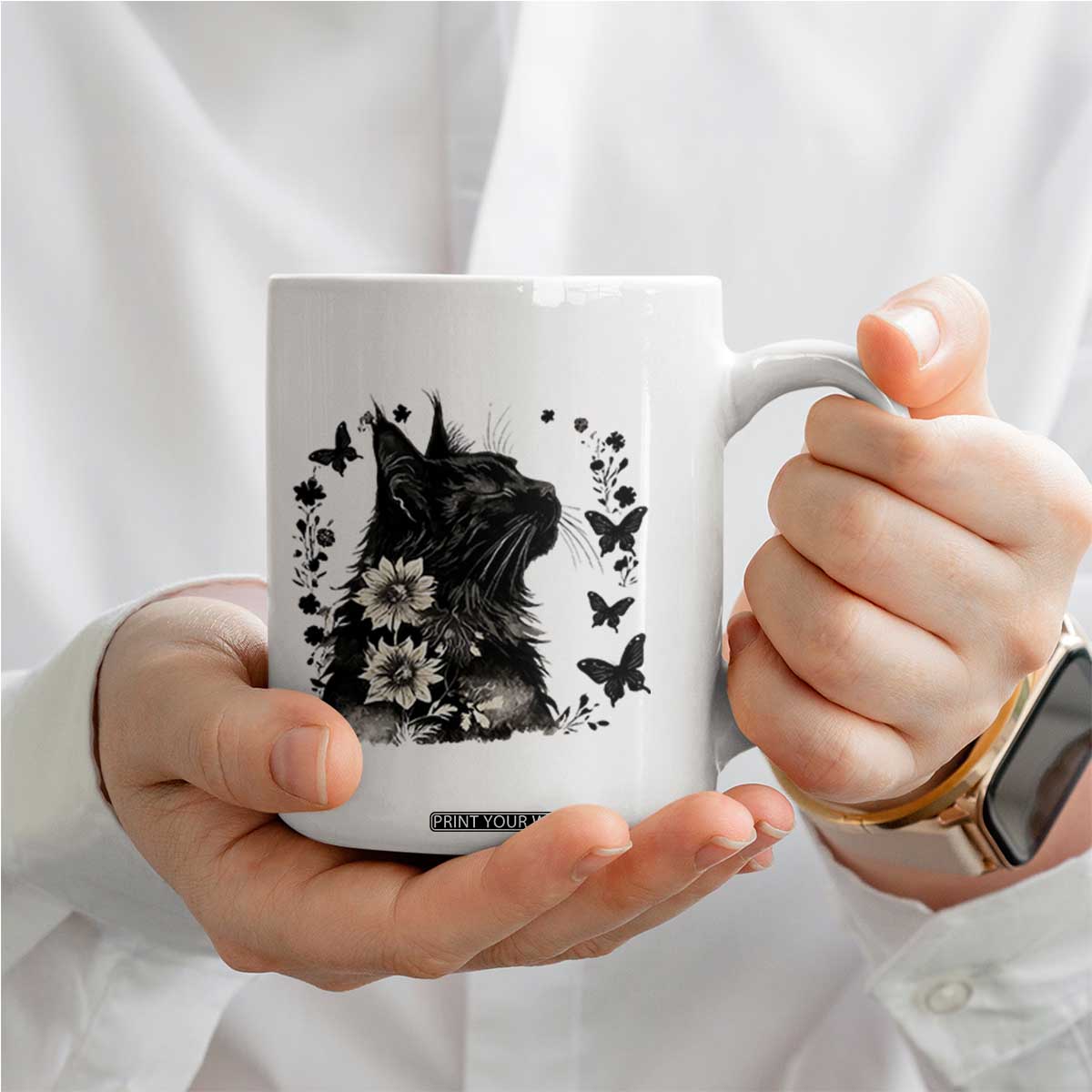 Black Maine Coon Cat Coffee Mug Floral Sunflower Watercolor Gift TS12 Print Your Wear