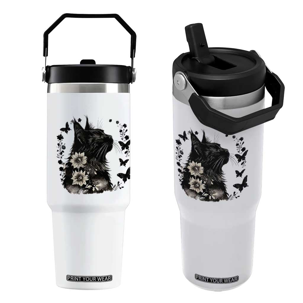 Black Maine Coon Cat Flip Straw Tumbler Floral Sunflower Watercolor Gift TS12 One Size: 30 oz White Print Your Wear