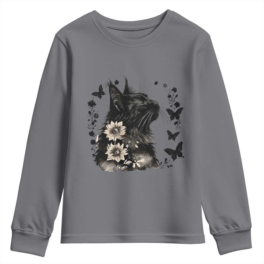 Black Maine Coon Cat Youth Sweatshirt Floral Sunflower Watercolor Gift TS12 Charcoal Print Your Wear