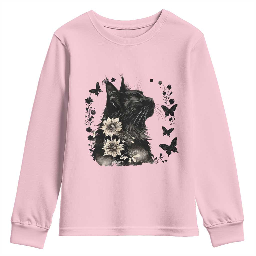 Black Maine Coon Cat Youth Sweatshirt Floral Sunflower Watercolor Gift TS12 Light Pink Print Your Wear