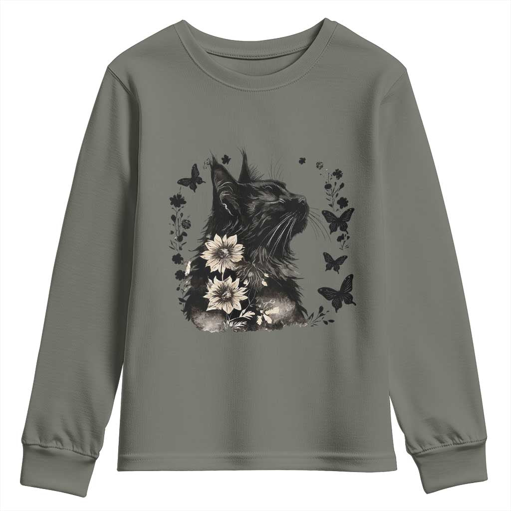 Black Maine Coon Cat Youth Sweatshirt Floral Sunflower Watercolor Gift TS12 Military Green Print Your Wear