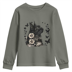 Black Maine Coon Cat Youth Sweatshirt Floral Sunflower Watercolor Gift TS12 Military Green Print Your Wear