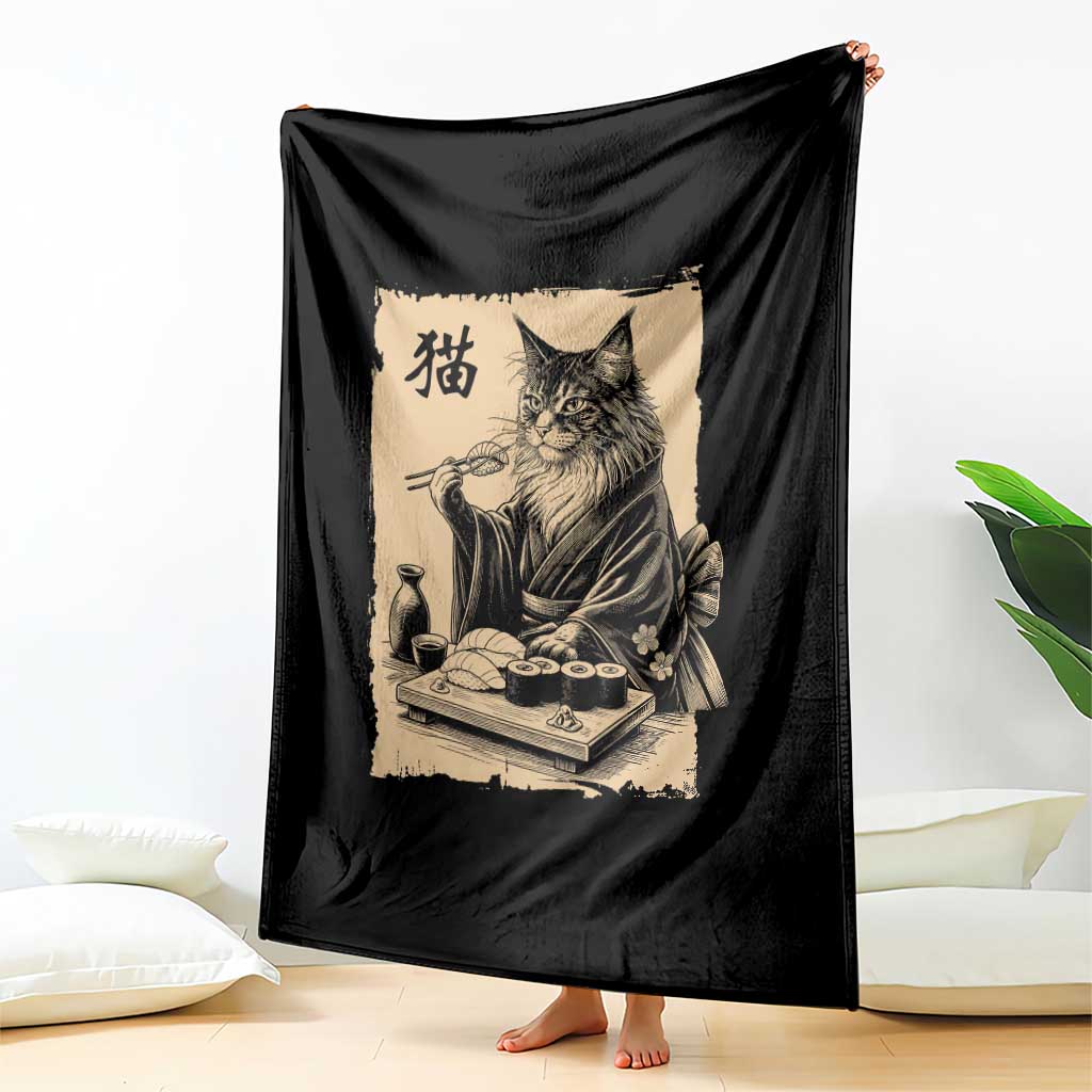 Vintage Japanese Cat Eating Sushi Throw Blanket Funny Maine Coon Kimono Gift TS12 Print Your Wear