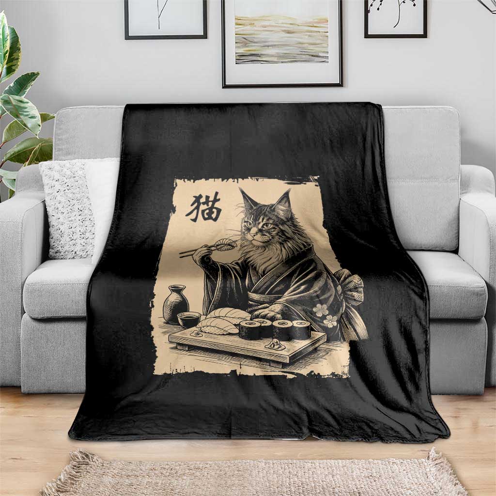 Vintage Japanese Cat Eating Sushi Throw Blanket Funny Maine Coon Kimono Gift TS12 Print Your Wear