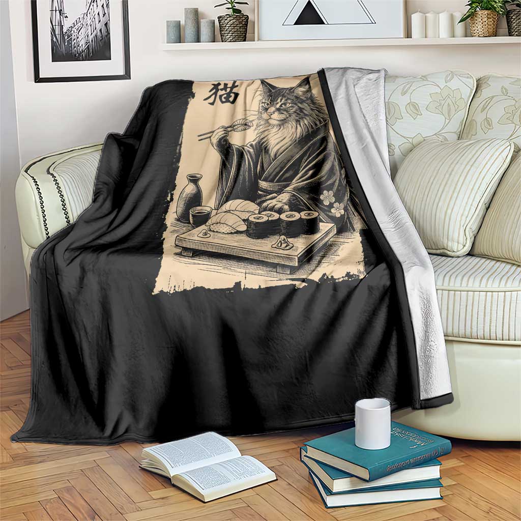 Vintage Japanese Cat Eating Sushi Throw Blanket Funny Maine Coon Kimono Gift TS12 Print Your Wear