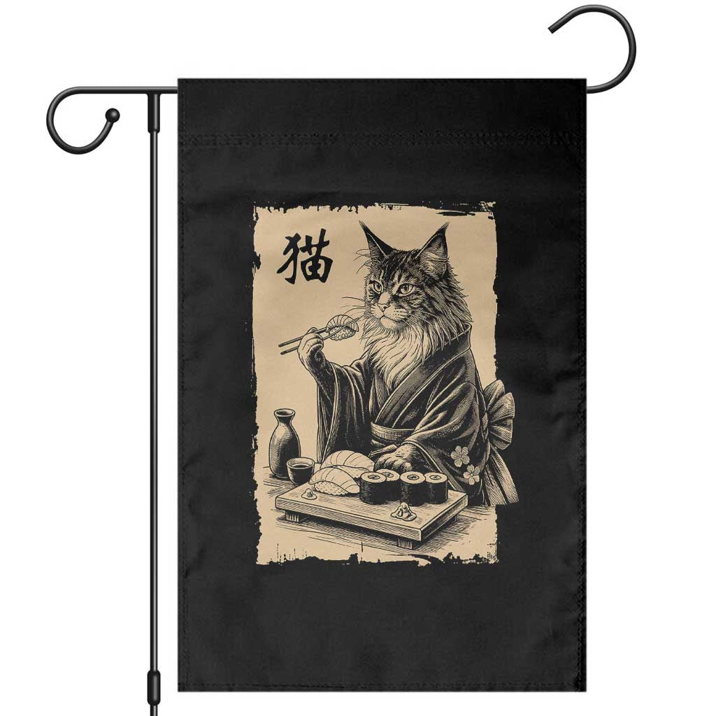 Vintage Japanese Cat Eating Sushi Garden Flag Funny Maine Coon Kimono Gift TS12 Black Print Your Wear