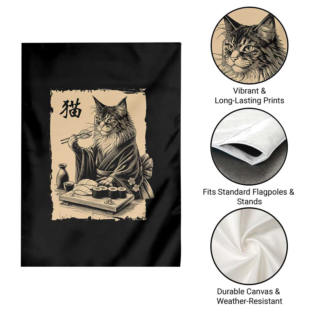 Vintage Japanese Cat Eating Sushi Garden Flag Funny Maine Coon Kimono Gift TS12 Print Your Wear