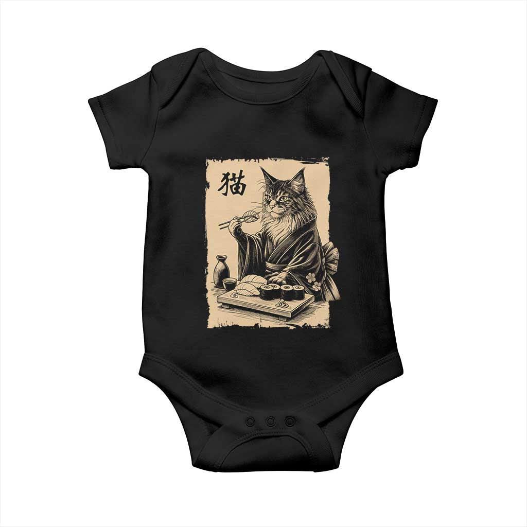 Vintage Japanese Cat Eating Sushi Baby Onesie Funny Maine Coon Kimono Gift TS12 Black Print Your Wear