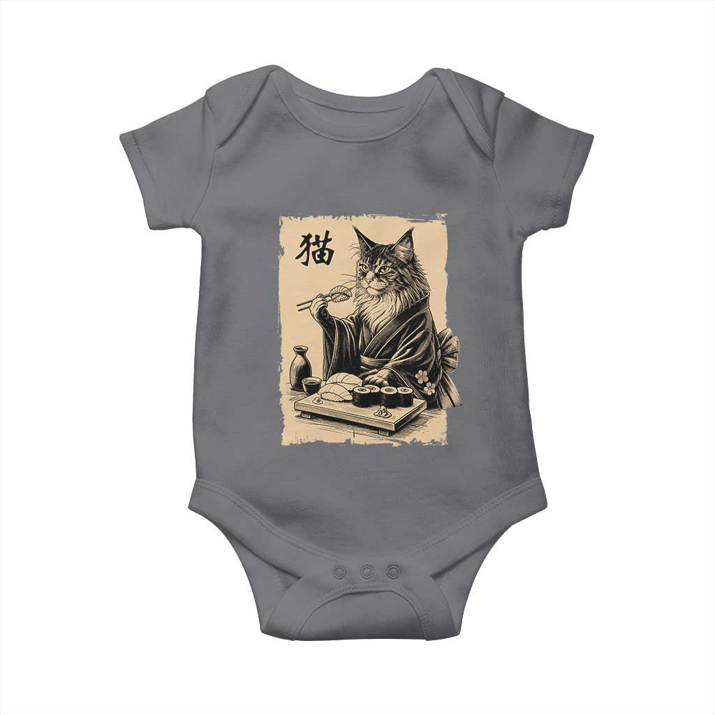 Vintage Japanese Cat Eating Sushi Baby Onesie Funny Maine Coon Kimono Gift TS12 Charcoal Print Your Wear